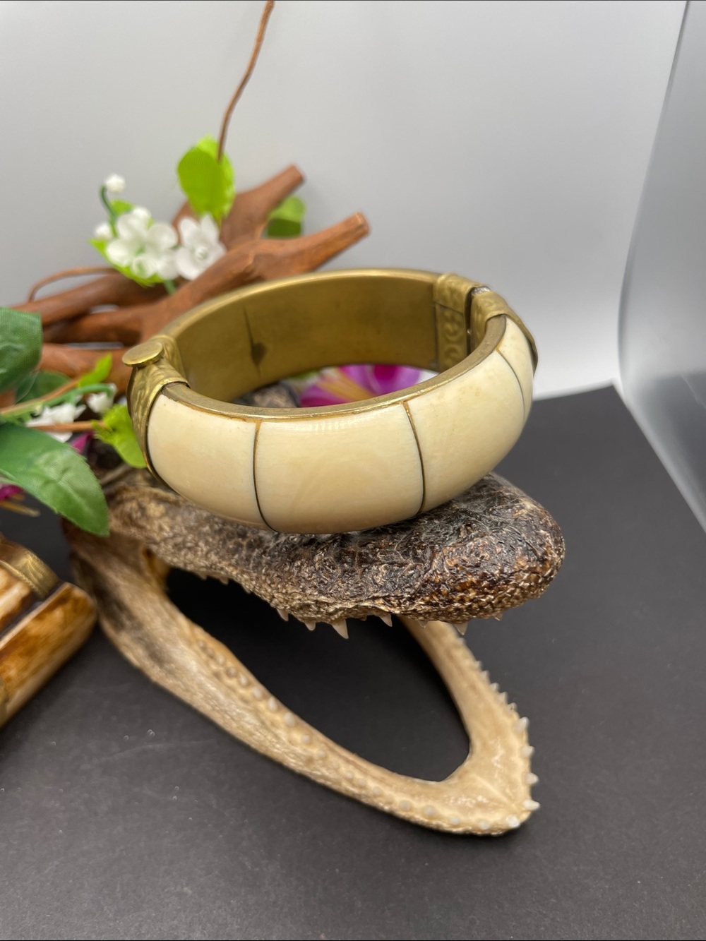 Bone and brass hinged bangle vintage